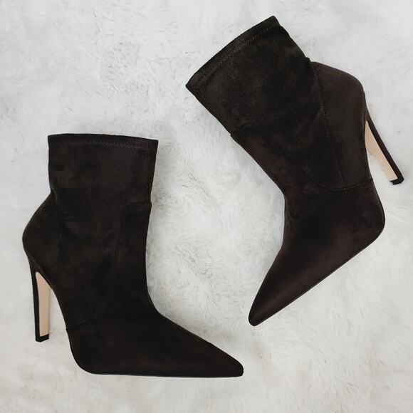 NEW Good American Icon Brown Suede Neoprene Heeled Ankle Boot - Picture 1 of 10